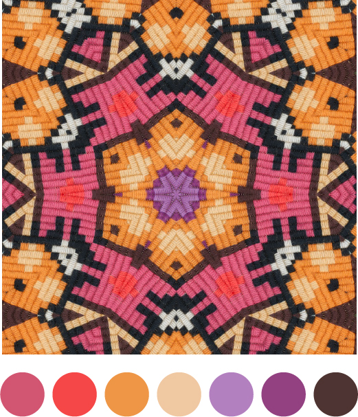 A kaleidoscopic textile pattern and its extracted colour palette